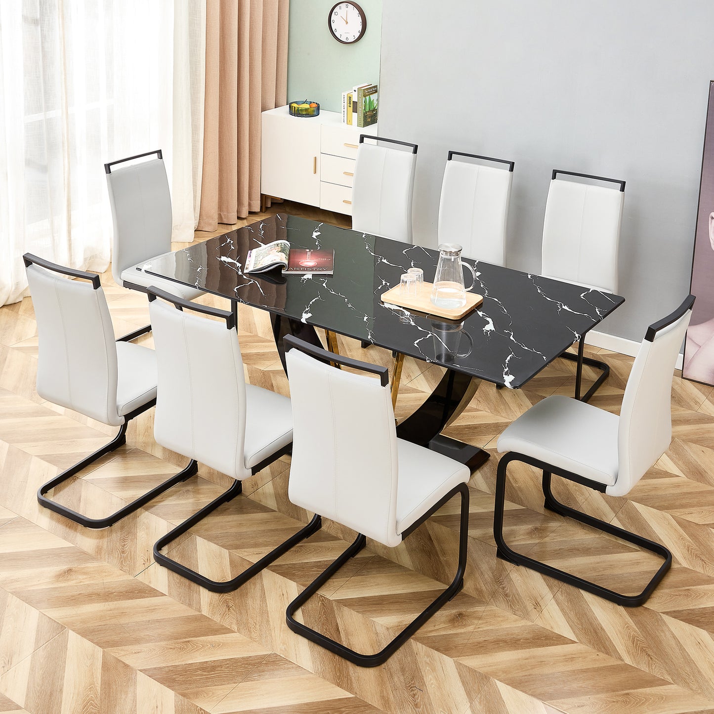 Stylish Rectangular Dining Table with Luxurious Black Imitation Marble Texture - Versatile Desk for Home