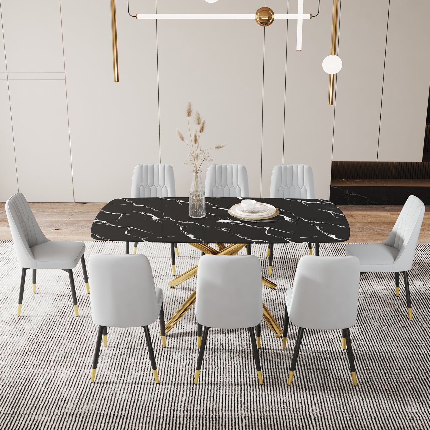 Contemporary Large Dining Table with Black Imitation Marble Top - 0.39" Thick Design with Golden Metal Legs, Perfect for Dining Rooms