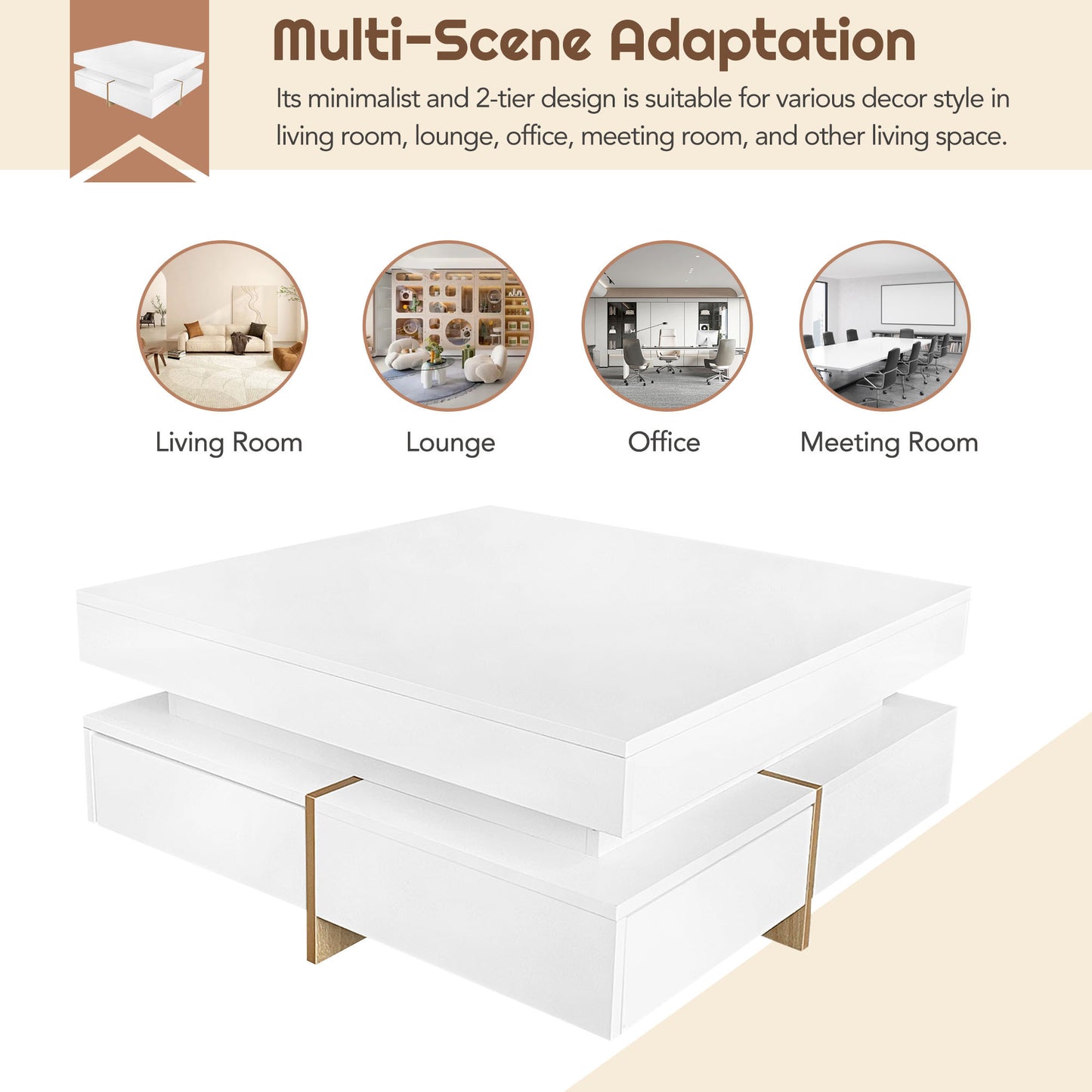 ON-TREND Modern High Gloss Coffee Table with 4 Drawers, Multi-Storage Square Cocktail Tea Table with Wood Grain Legs, Center Table for Living Room, 31.5''x31.5'', White