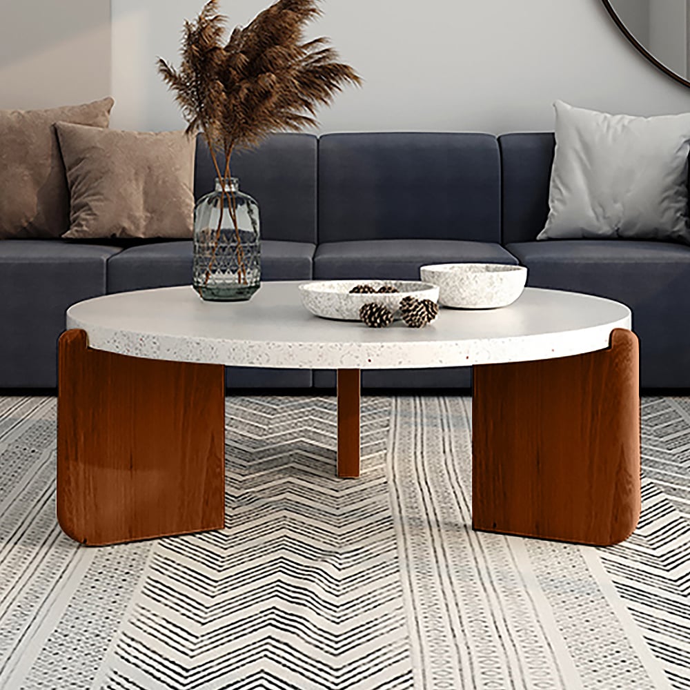 34" White Round Terrazzo Coffee Table with Pine Wood Legs in Walnut