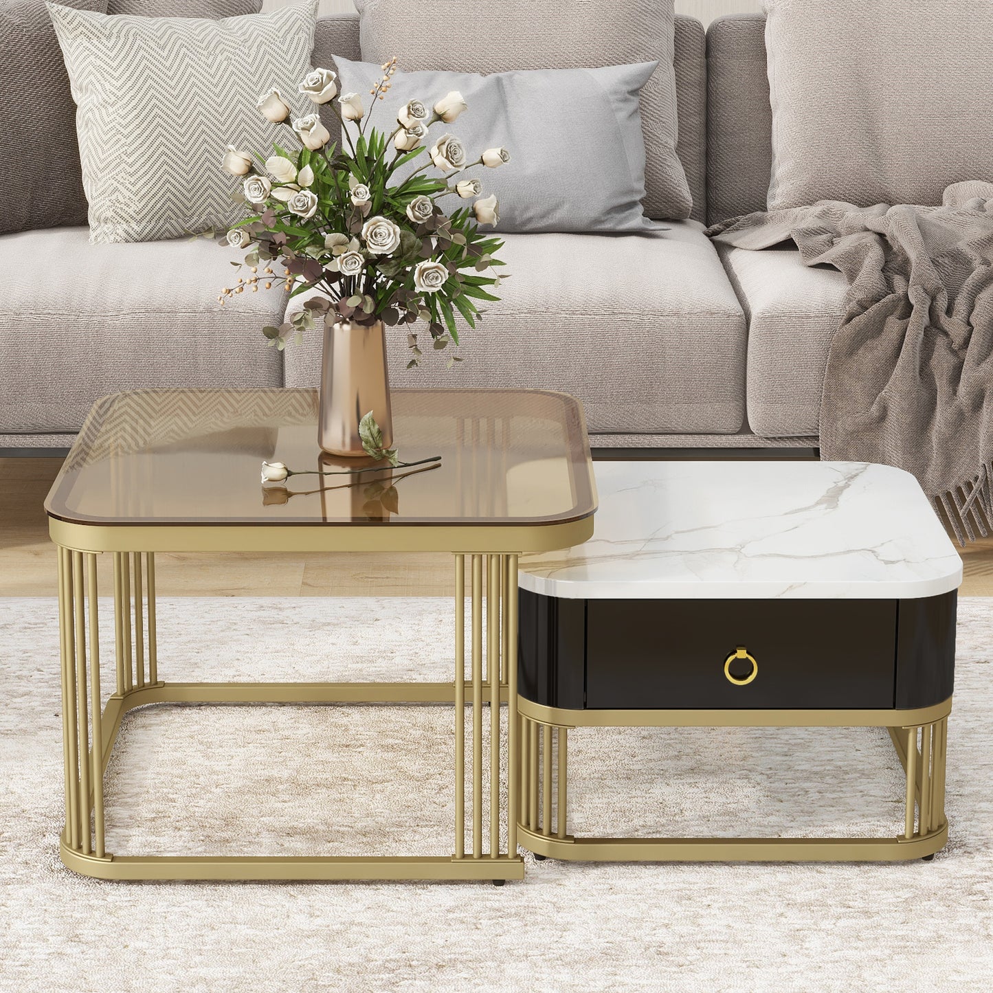 ON-TREND Nesting Coffee Table with Drawer, Set of 2, Exquisite Square Stacking Coffee Tables with Brown Tempered Glass, Side Table with High Gloss Marble Grain Tabletop for Living Room, Black