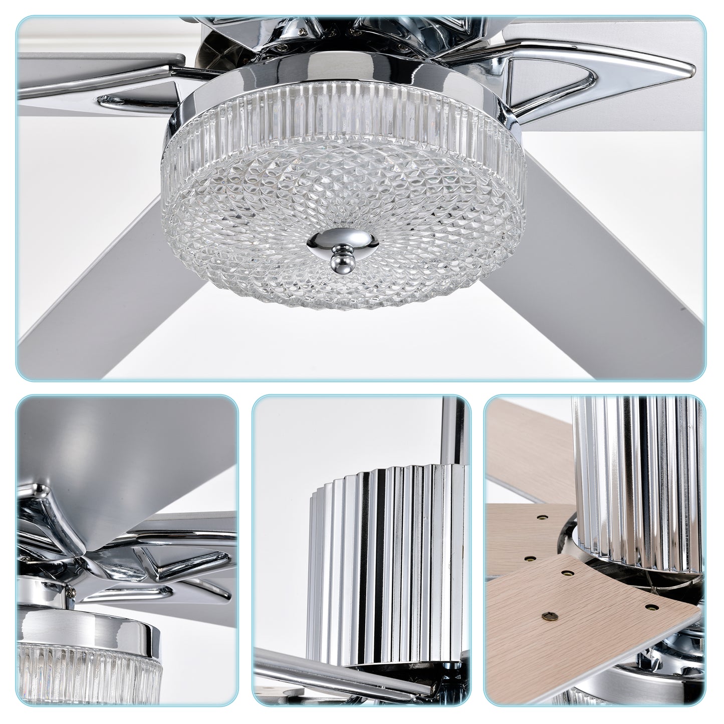 52" Modern Ceiling Fan with Remote - Chrome Finish, Wood Blades, LED Light for Living Room