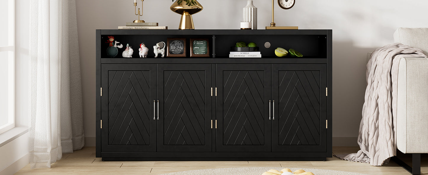 TREXM 4-door Classic Sideboard with Open Storage and Adjustable Shelves Perfect for kitchens,  living rooms (Black)