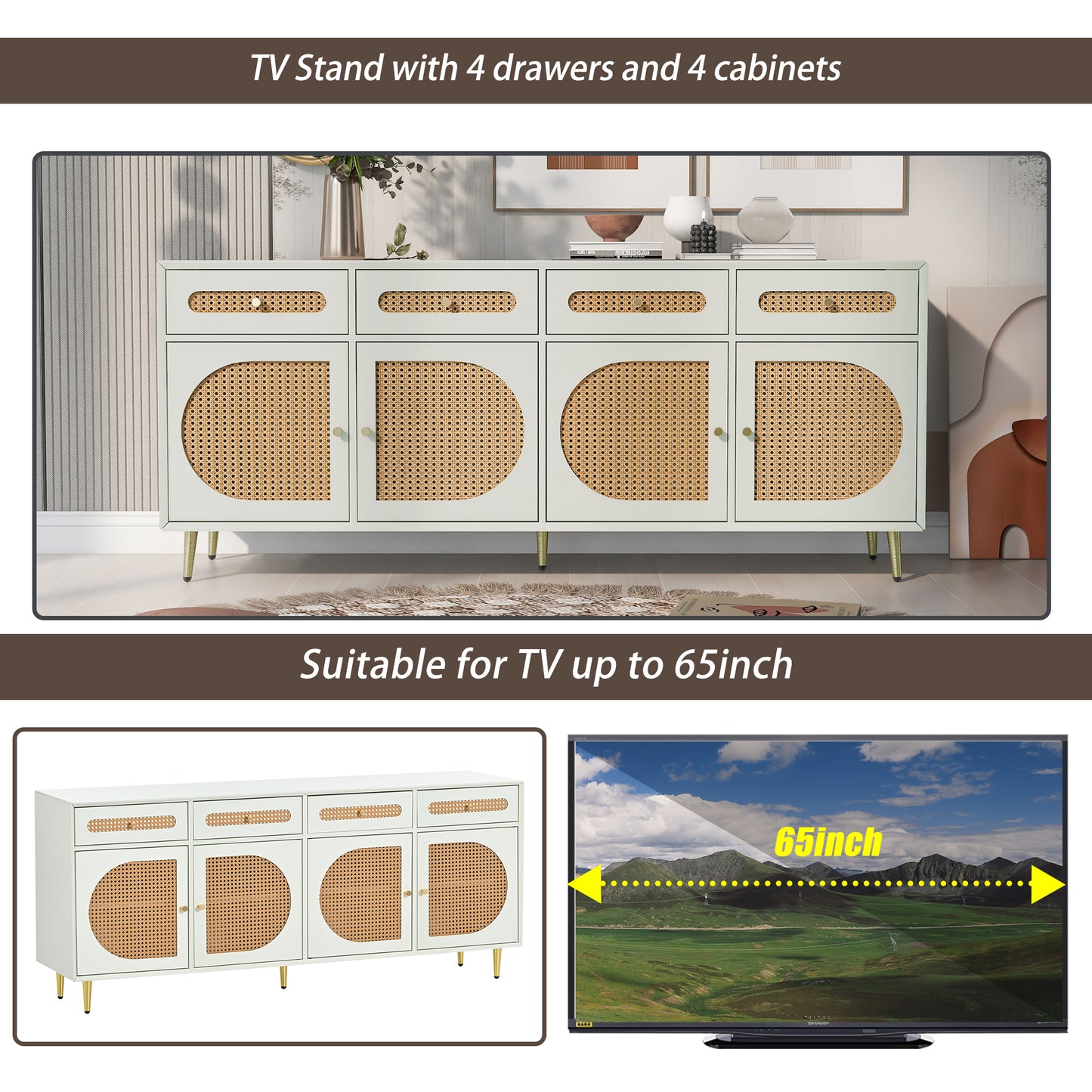U-Can Meuble TV avec porte en rotin, table console multimédia tissée avec étagères réglables pour téléviseurs jusqu'à 65", buffet de rangement pour salon
