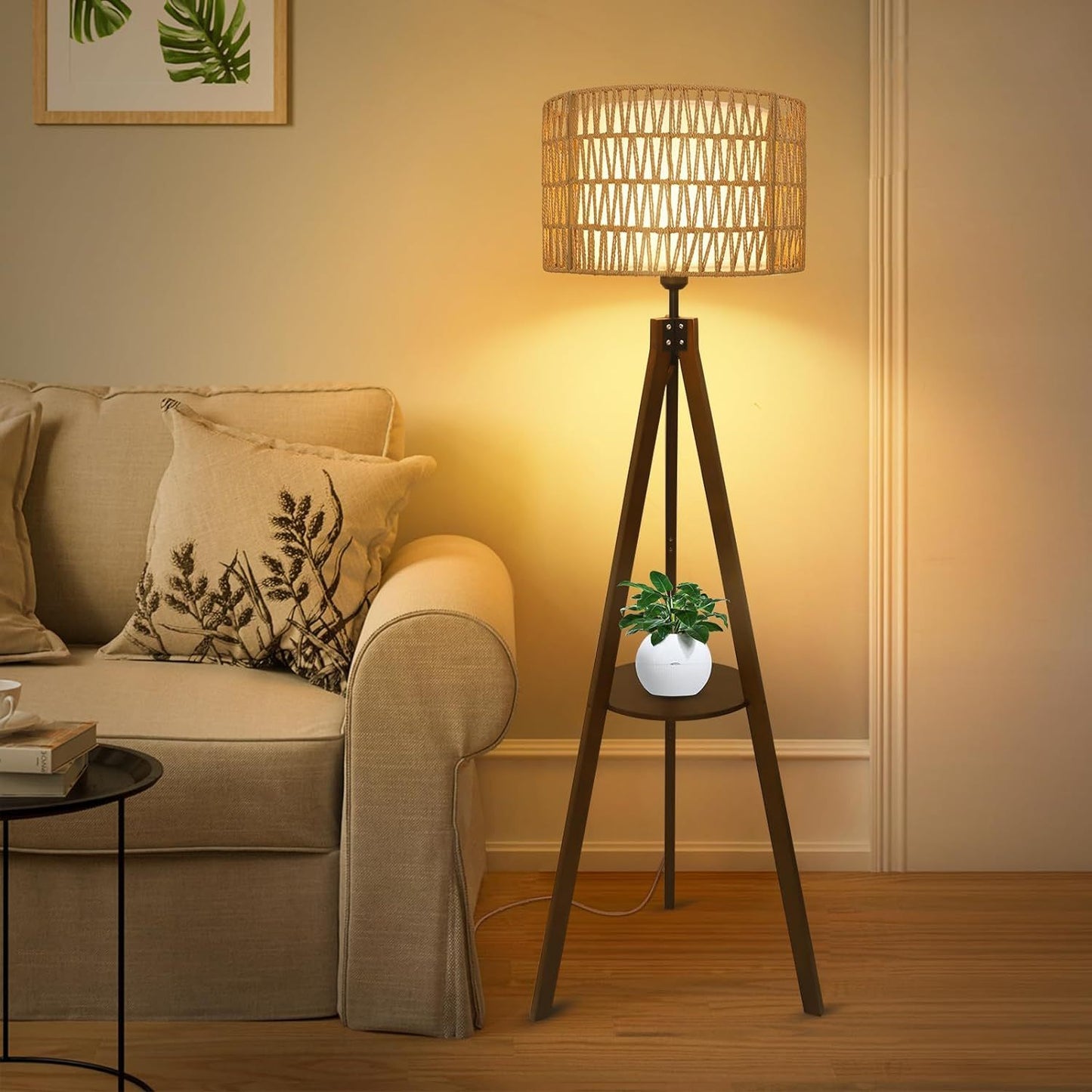 Boho Tripod Floor Lamp with Shelves - Mid Century Wood Standing Lamp with Rattan & Fabric Shades for Living Room