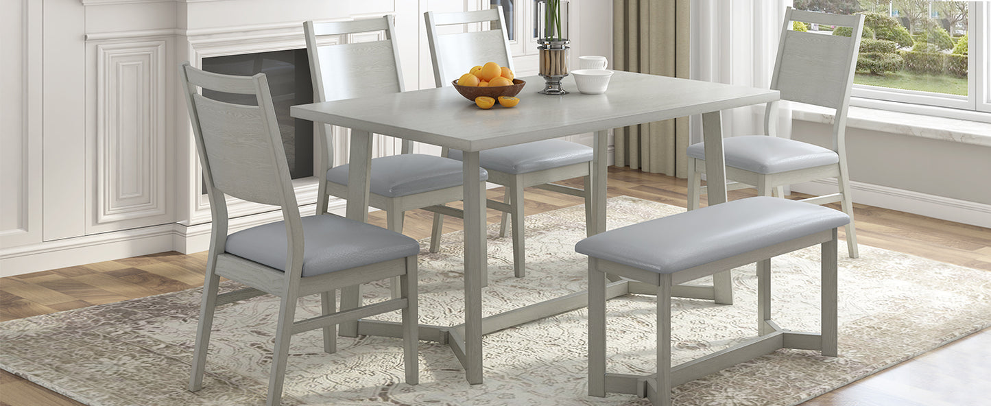 TOPMAX Farmhouse Ensemble de table de salle à manger en bois 6 pièces avec 4 chaises et banc rembourrés Gris