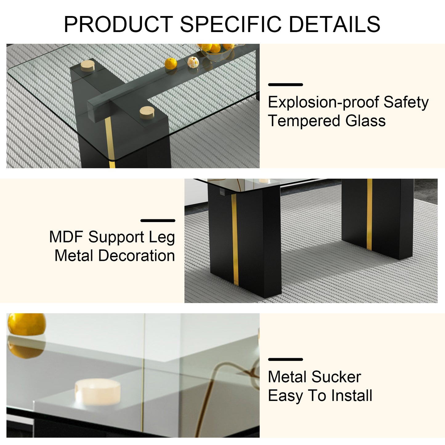 Large Modern Rectangular Glass Dining Table with Sturdy MDF Legs - Accommodates 6-8 People with 0.39-Inch Tempered Glass Top