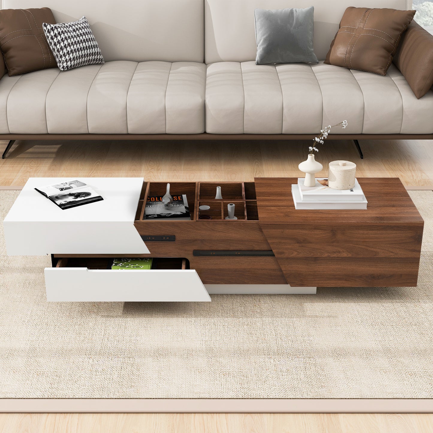 Modern Extendable Sliding Top Coffee Table with Storage in White&Walnut