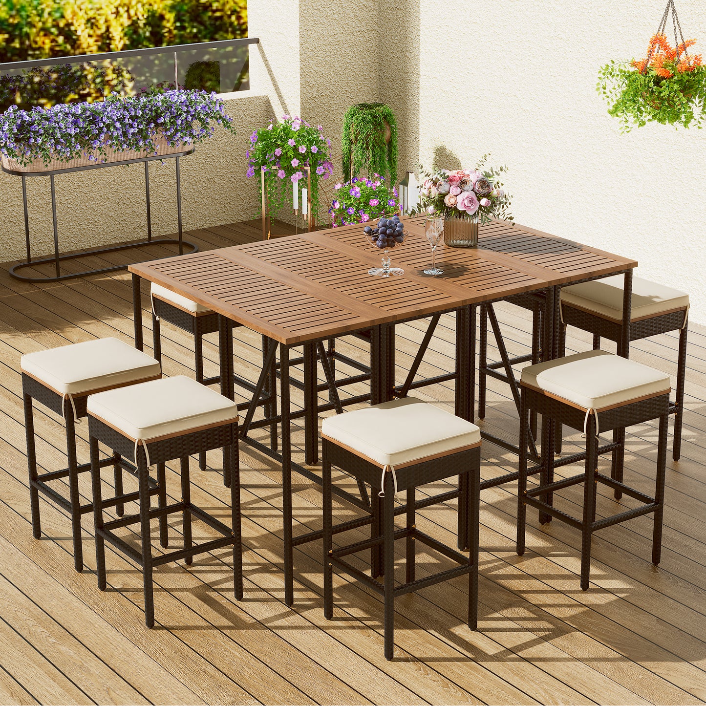 GO Table de bar d'extérieur en bois d'acacia 10 pièces et huit tabourets avec coussins, table de salle à manger de jardin en rotin PE, plateau pliable, ensemble bistro de salle à manger haute, meubles de patio toutes saisons, marron