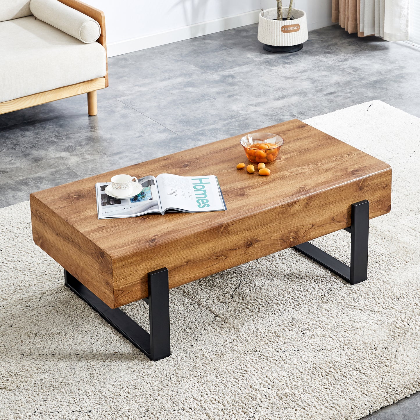 Natural Wood Tone Rustic MDF Coffee Table with Metal Legs