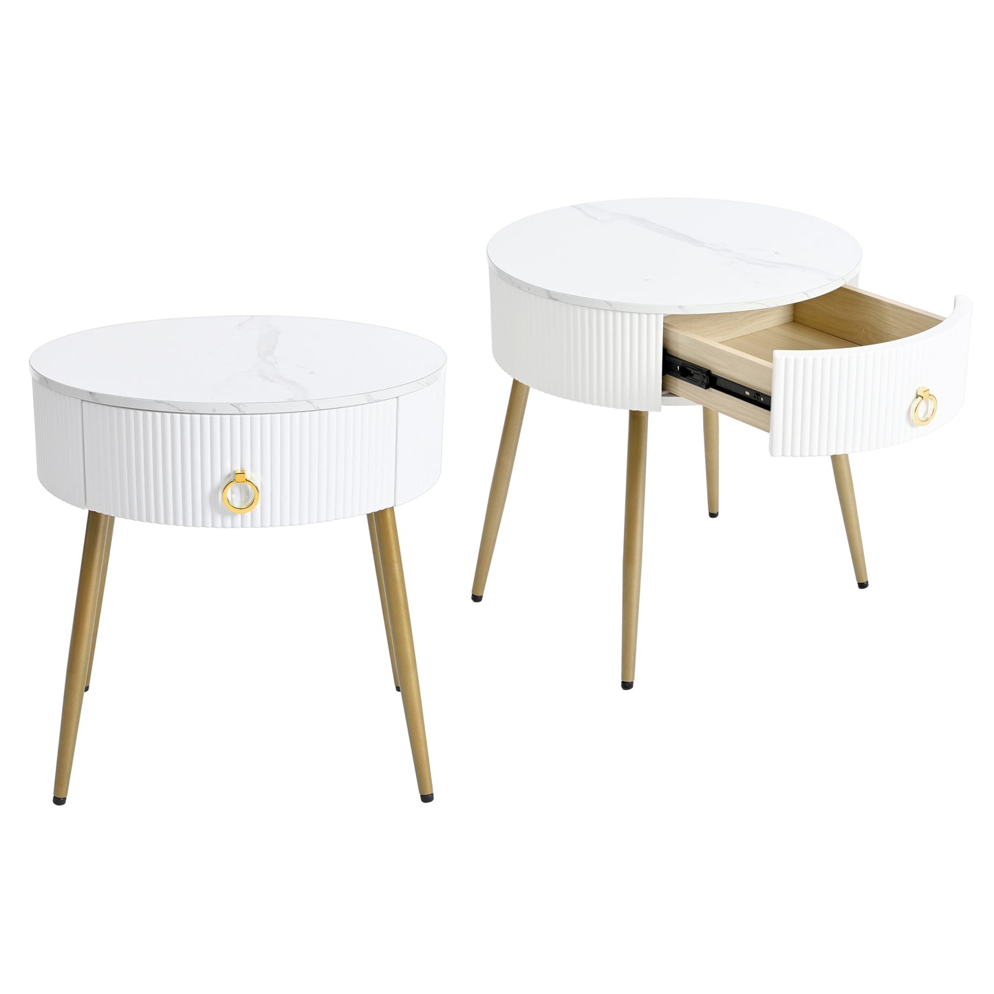 ON-TREND Φ19.6'' Easy Assembly End Tables with High Gloss Faux Marble Tabletops, Set of 2, Modern Fluted 2 Side Tables with Drawers, Round Coffee Tables with Golden Legs for Living Room, White