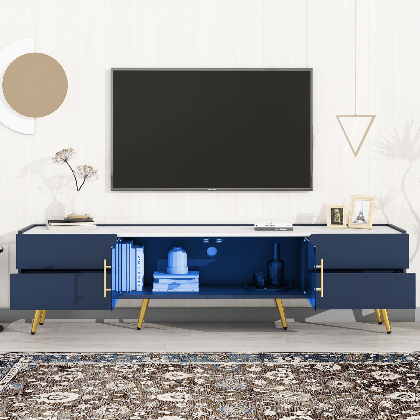 U-Can Modern TV Stand with LED lights for TVs up to 80 Inches, Entertainment Center with 4 Drawers and 1 Cabinet with Brown Glass Door, Media Console with Metal Legs and Handles for Living room