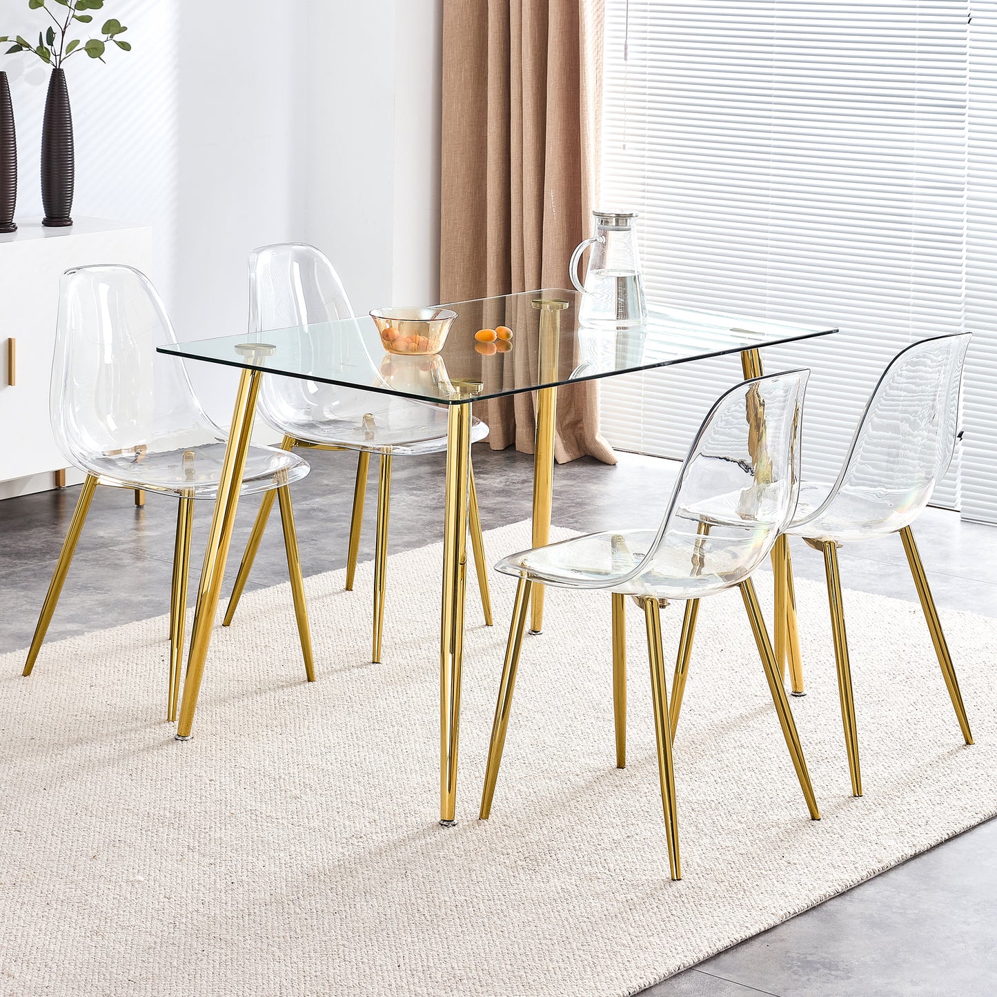 Modern Transparent Dining Chairs - Set of 4 Armless Crystal Chairs with Golden Plating Metal Legs