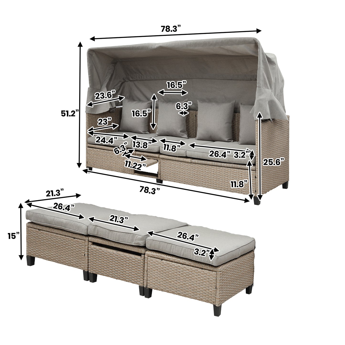 TOPMAX Ensemble de canapé de patio en osier en résine résistant aux UV 4 pièces avec auvent rétractable, coussins et table élévatrice, marron