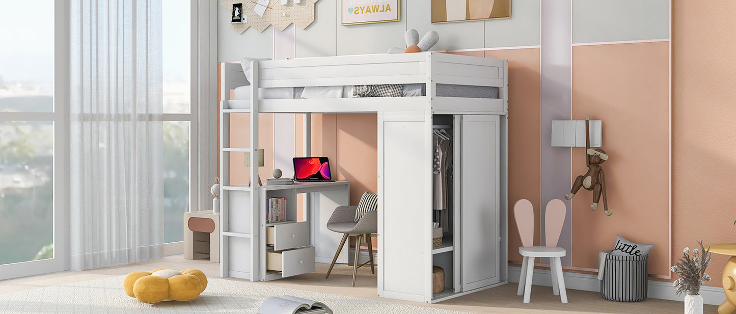 Lit mezzanine double en bois avec armoires et bureau à 2 tiroirs avec armoire, blanc