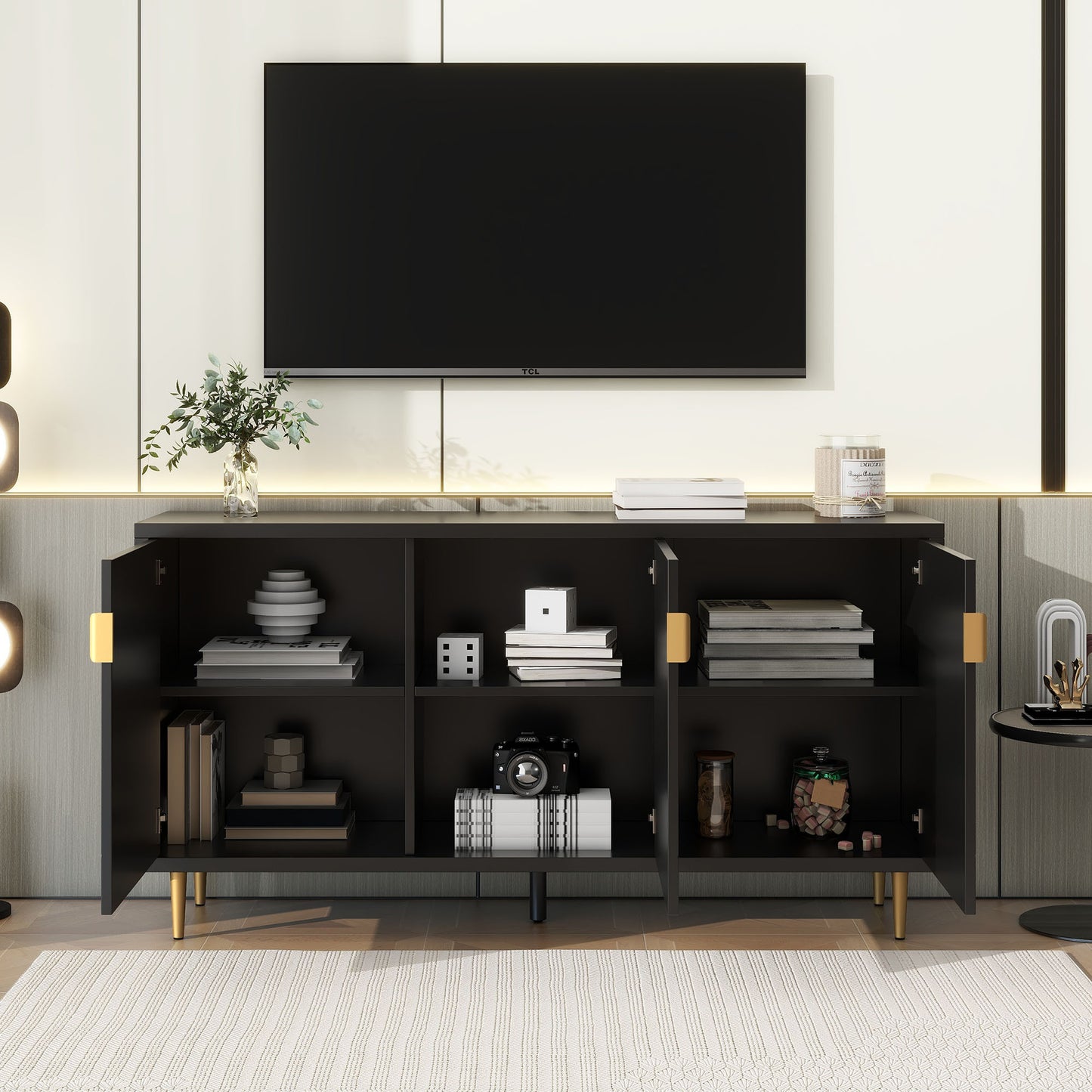 U-Can Modern TV Stand with 3 Doors and Adjustable Shelves for Living Room, Fits TVs Up to 70 Inches, Black