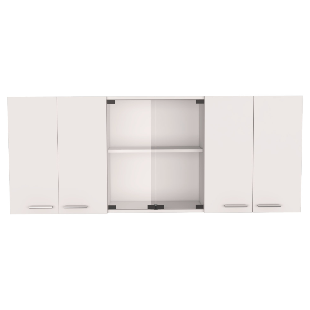 Armoire murale 24" H, quatre portes, avec deux tablettes internes et organisateur interne pour assiettes et verres, deux tablettes de rangement avec deux portes vitrées, blanc