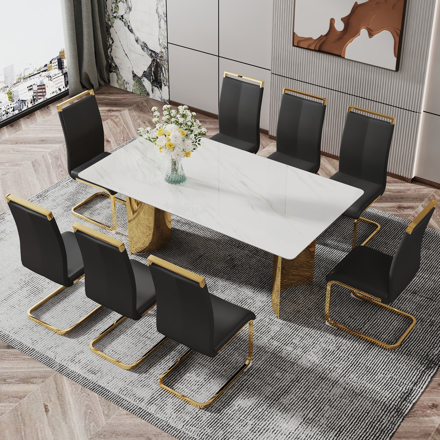 Stylish 71" Minimalist Dining Table with White Imitation Marble Glass Surface and Gold Metal Legs - Ideal for Dining Areas and Living Spaces