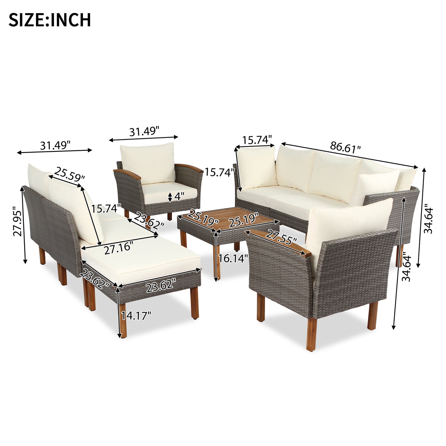 9-Piece Patio Rattan Furniture Set, Outdoor Conversation Set With Acacia Wood Legs and Tabletop, PE Rattan Sectional Sofa Set with Coffee Table, Washable Cushion, Beige