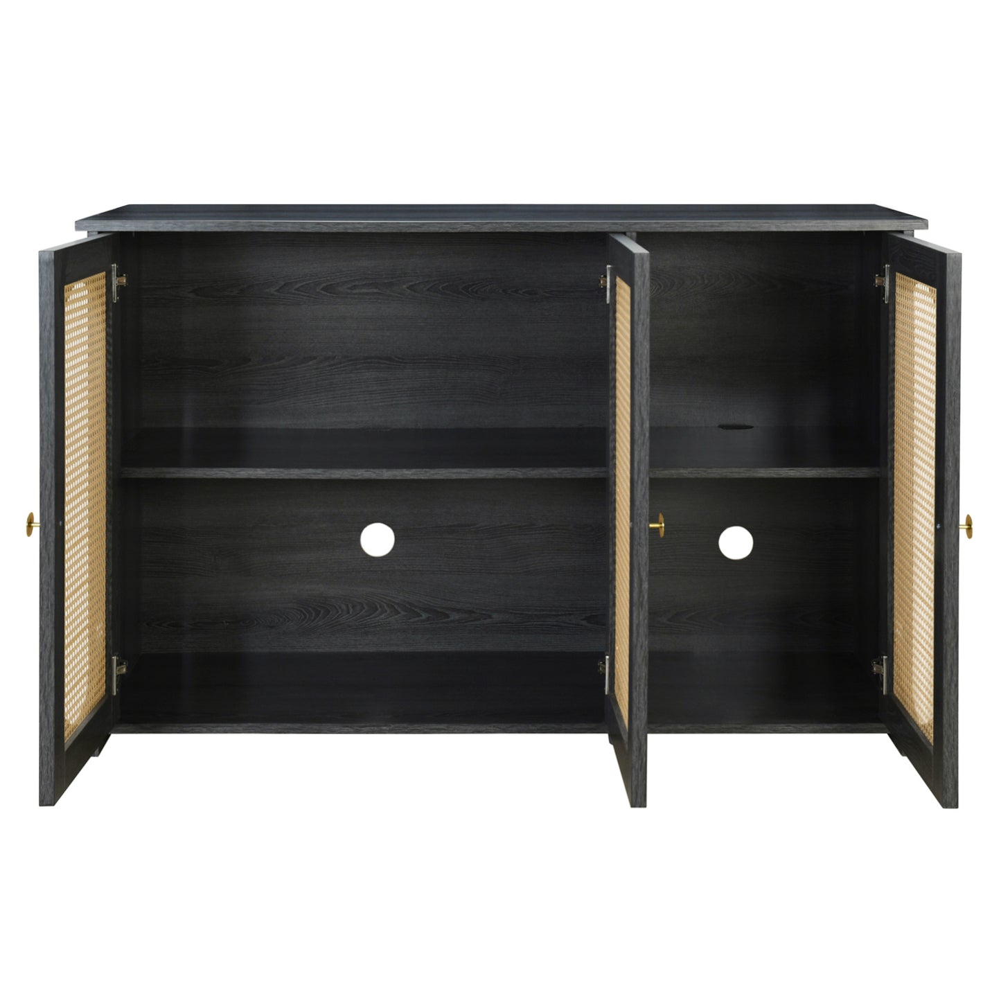 TREXM Retro 3-Door Sideboard with Large Storage Space Artificial Rattan Doors and Metal Handles, Accent Cabinet for Living Room and Hallway (Antique Black)