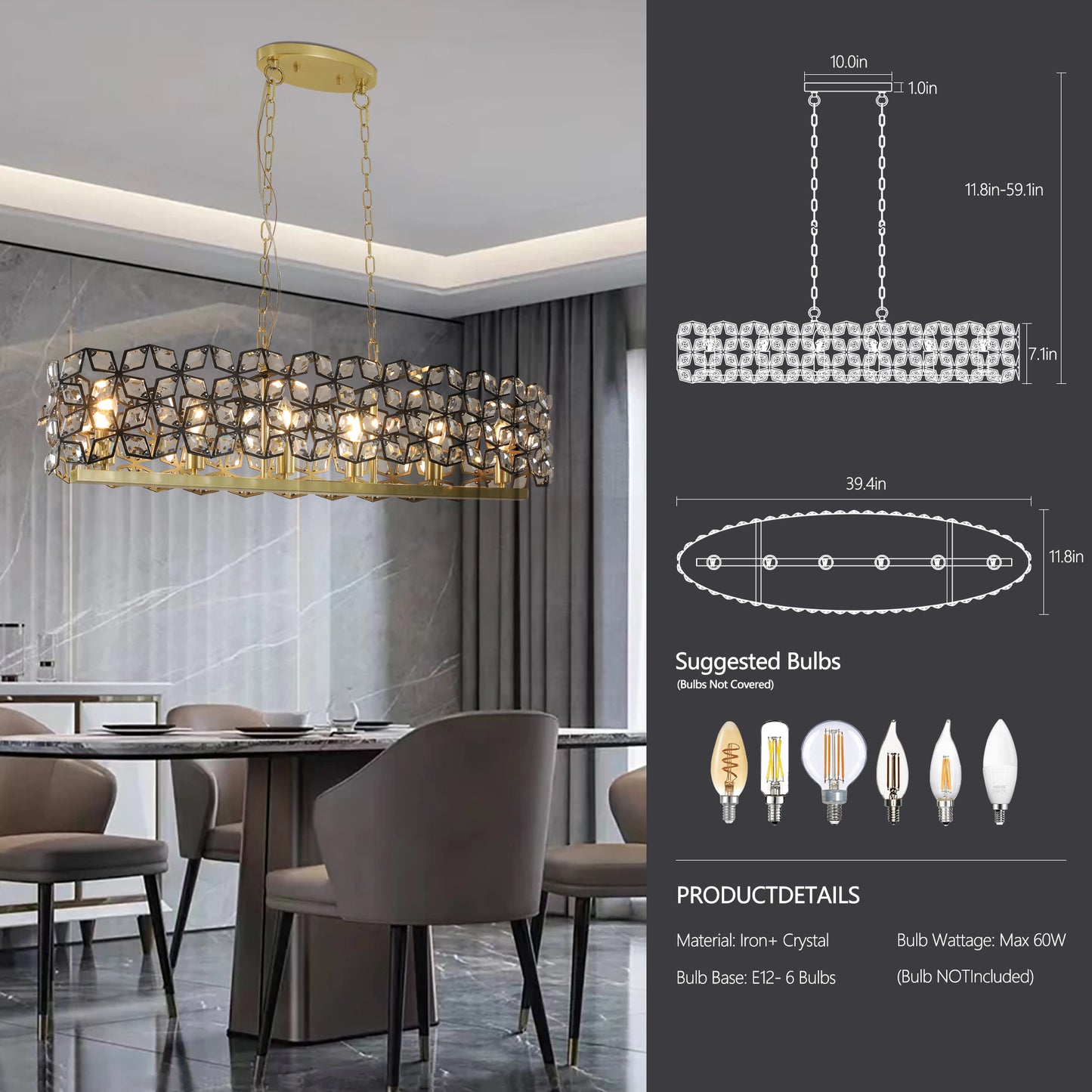 Luxury Modern Champagne Gold Oval Crystal Ceiling Chandelier - Elegant Home Lighting