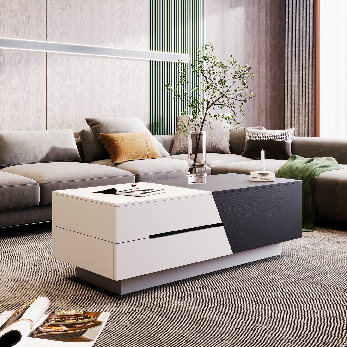 Modern Extendable Sliding Top Coffee Table with Storage in White&Black