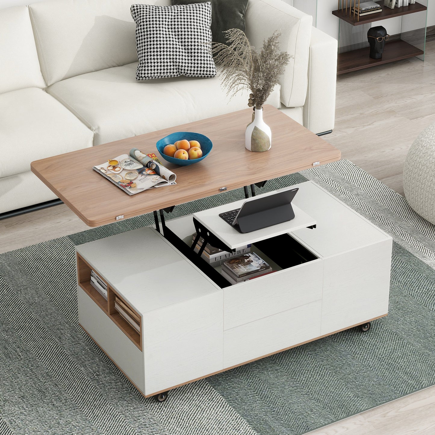 Modern Walnut & White Lift Top Coffee Table Multifunctional Table with Drawers & Shelves