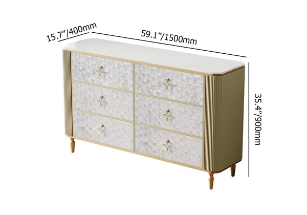 Art Deco 6 Drawer Dresser Capiz Shell Beige Chest Storag Cabinet with Sintered Stone Top