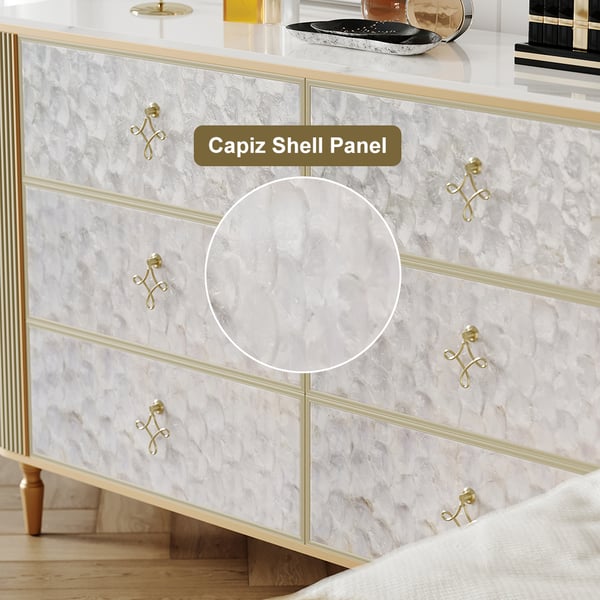 Art Deco 6 Drawer Dresser Capiz Shell Beige Chest Storag Cabinet with Sintered Stone Top