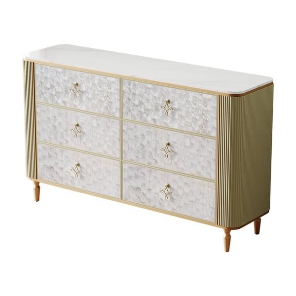 Art Deco 6 Drawer Dresser Capiz Shell Beige Chest Storag Cabinet with Sintered Stone Top