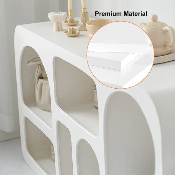 Table console Japandi avec étagères arquées blanches, meuble d'entrée
