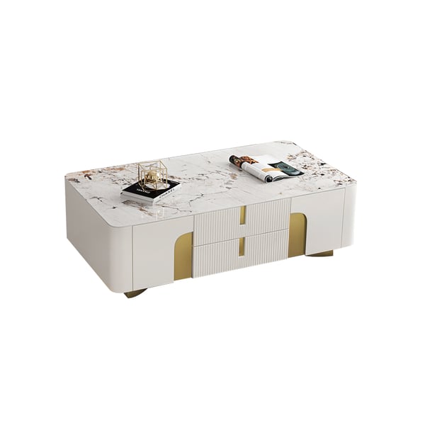 Artus – grande table basse rectangulaire blanche moderne, avec tiroirs, pierre frittée, base dorée