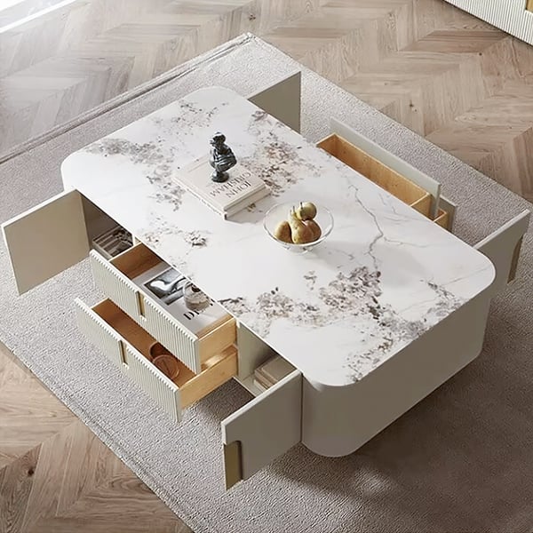 Artus Modern White Rectangular Large Coffee Table Drawers Sintered Stone Gold Base