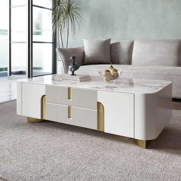 Artus – grande table basse rectangulaire blanche moderne, avec tiroirs, pierre frittée, base dorée