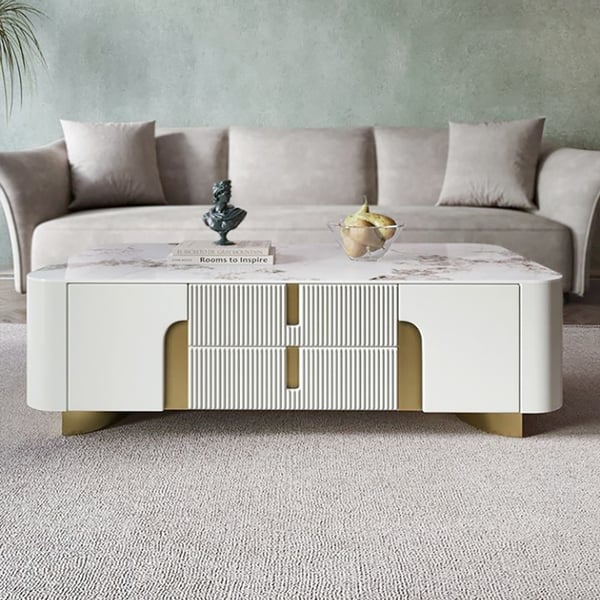 Artus – grande table basse rectangulaire blanche moderne, avec tiroirs, pierre frittée, base dorée