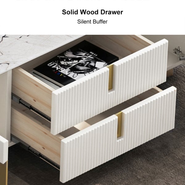 Artus Modern White Rectangular Large Coffee Table Drawers Sintered Stone Gold Base