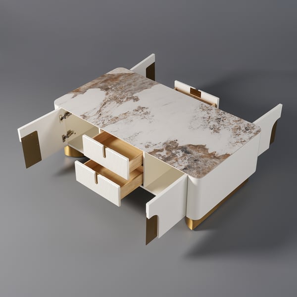 Artus – grande table basse rectangulaire blanche moderne, avec tiroirs, pierre frittée, base dorée