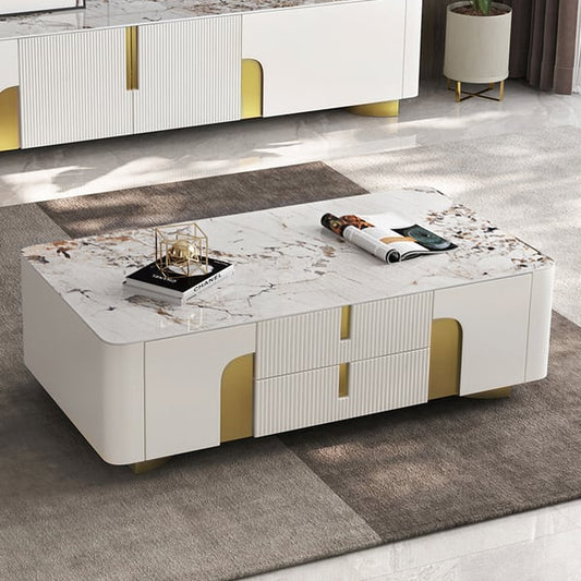 Artus Modern White Rectangular Large Coffee Table Drawers Sintered Stone Gold Base