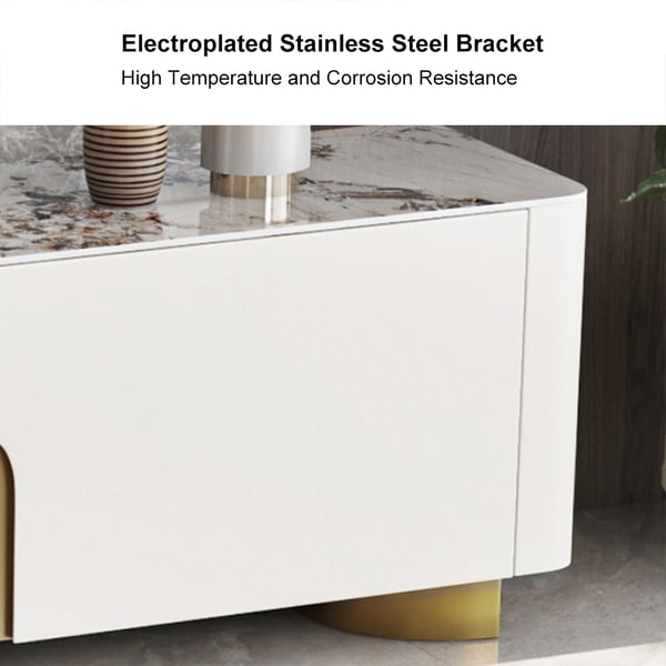 Artus Modern White Rectangular Large Coffee Table Drawers Sintered Stone Gold Base