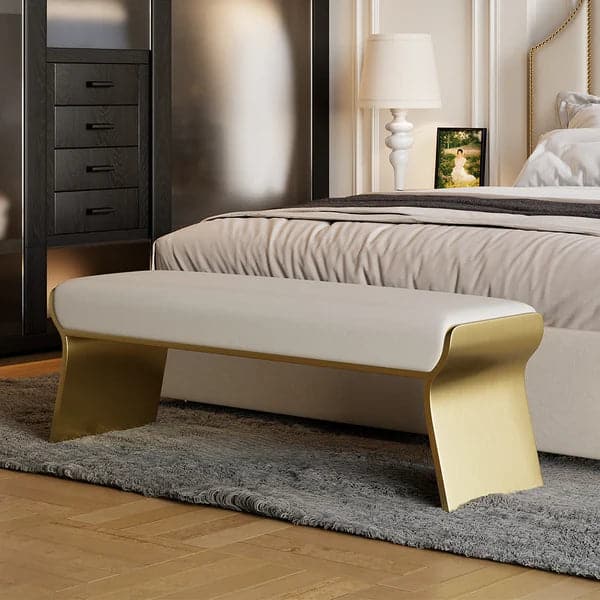 Banc moderne en acier inoxydable beige, long banc de chambre à coucher rembourré Leath-Aire