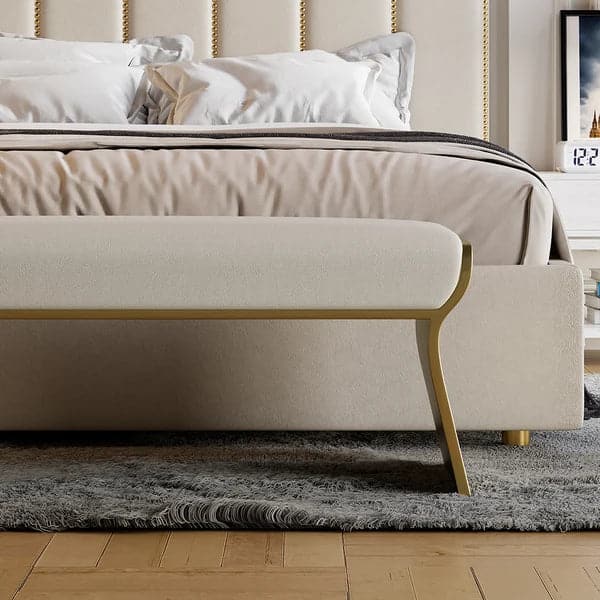 Beige Modern Stainless Steel Bench Leath-Aire Upholstered Bedroom Long Bench