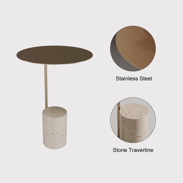 Beige Modern Stone Travertine Side Table with Stainless Steel in Gold Frame