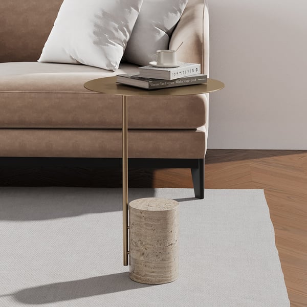 Beige Modern Stone Travertine Side Table with Stainless Steel in Gold Frame