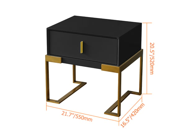 Table de chevet de chambre noire avec tiroir, base en acier inoxydable