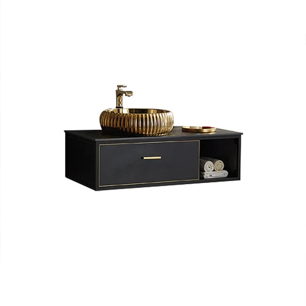 Black Floating Bathroom Vanity Sintered Stone Top 1 Drawer with Gold Ceramics Vessel