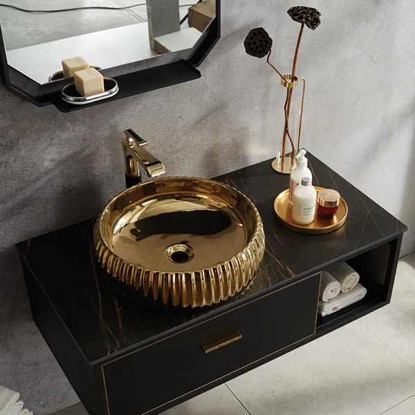 Vanité de salle de bain flottante noire, dessus en pierre frittée, 1 tiroir avec récipient en céramique dorée