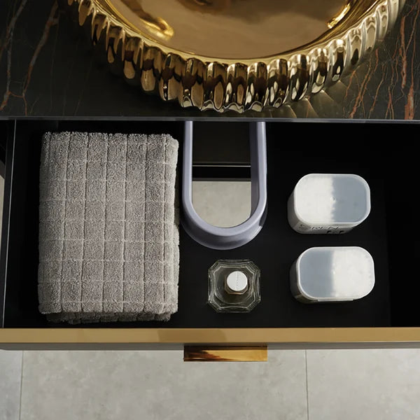 Black Floating Bathroom Vanity Sintered Stone Top 1 Drawer with Gold Ceramics Vessel