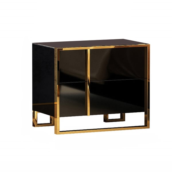 Black Lacquer Bedroom Nightstand Stainless Steel in Gold