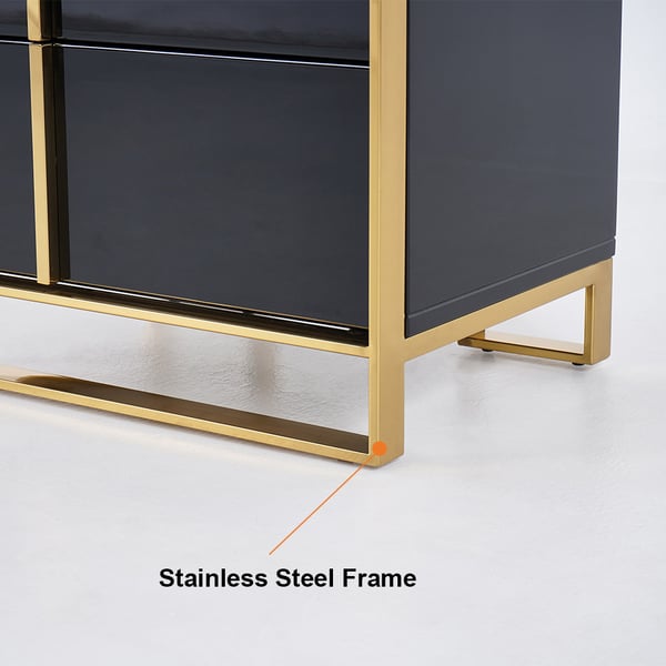 Black Lacquer Bedroom Nightstand Stainless Steel in Gold