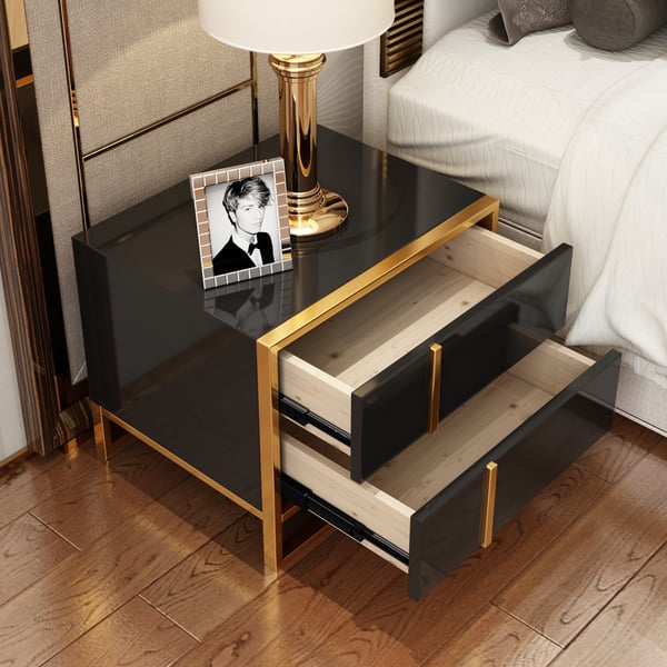 Black Lacquer Bedroom Nightstand Stainless Steel in Gold